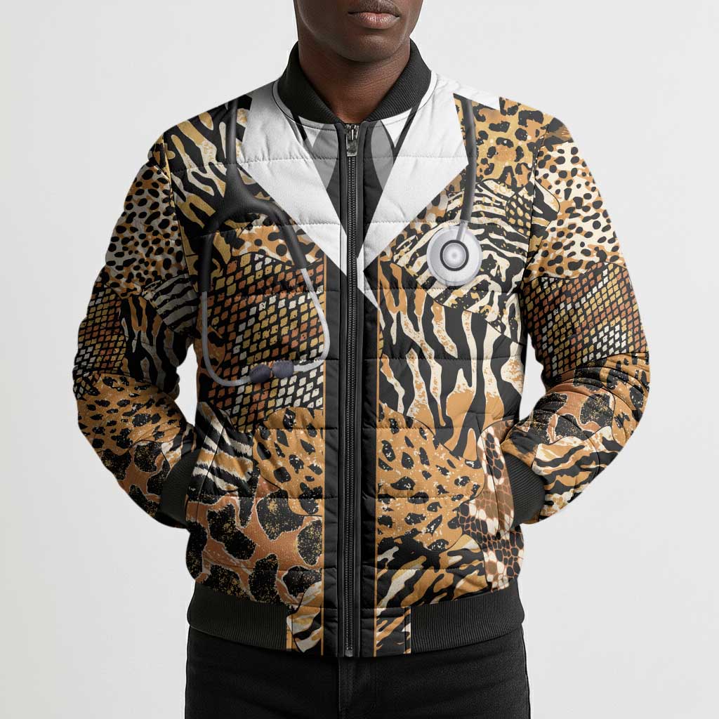 Proud Black Nurse RN Bomber Puffer Jacket African Stethoscope Animal Skins Pattern