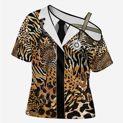 Proud Black Nurse RN Cross Shoulder Shirt African Stethoscope Animal Skins Pattern