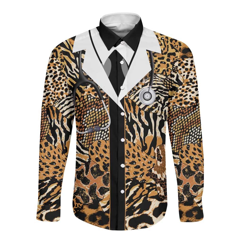 Proud Black Nurse RN Long Sleeve Button Shirt African Stethoscope Animal Skins Pattern
