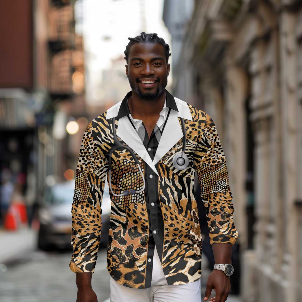 Proud Black Nurse RN Long Sleeve Button Shirt African Stethoscope Animal Skins Pattern