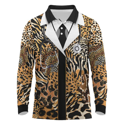 Proud Black Nurse RN Long Sleeve Polo Shirt African Stethoscope Animal Skins Pattern