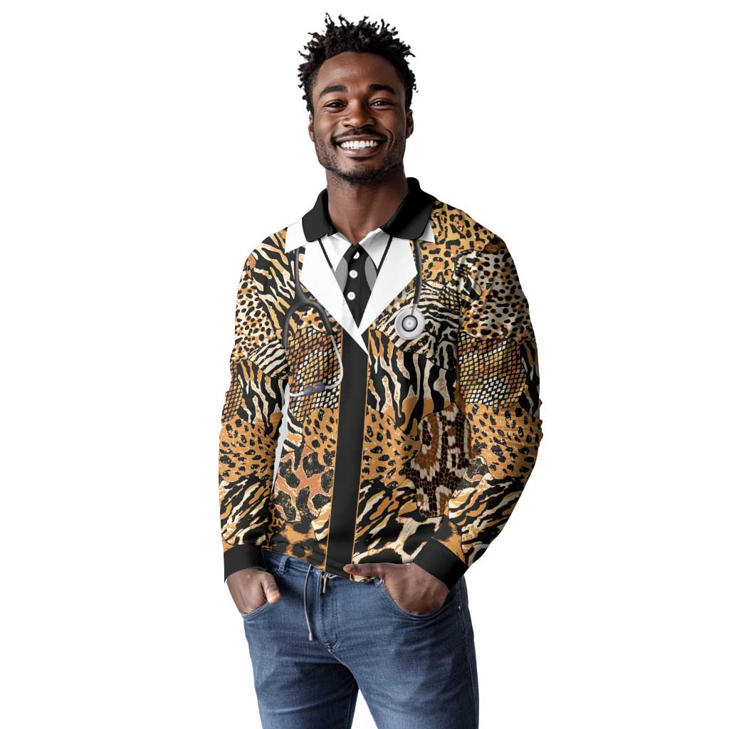 Proud Black Nurse RN Long Sleeve Polo Shirt African Stethoscope Animal Skins Pattern