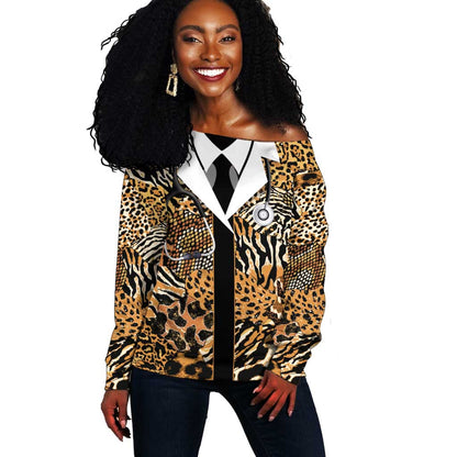 Proud Black Nurse RN Off Shoulder Sweater African Stethoscope Animal Skins Pattern