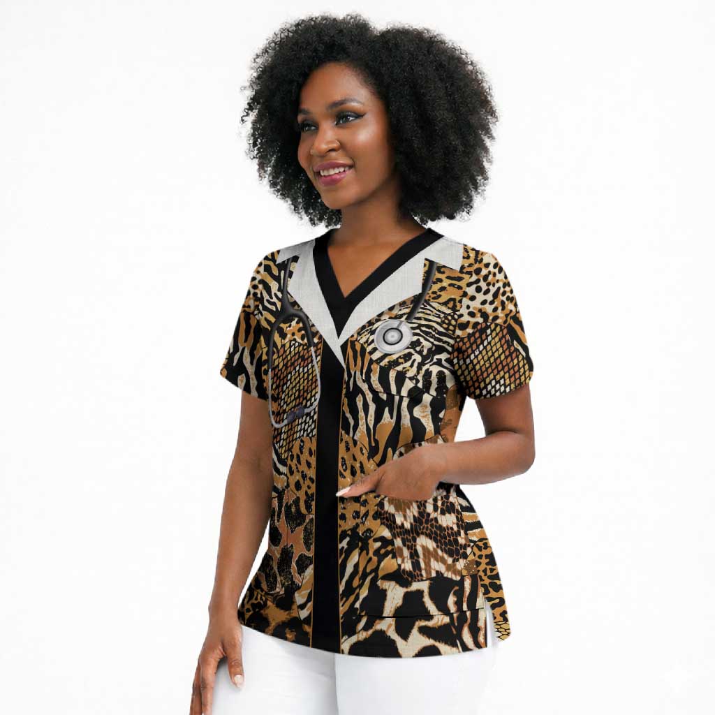 Proud Black Nurse RN Scrub Top African Stethoscope Animal Skins Pattern