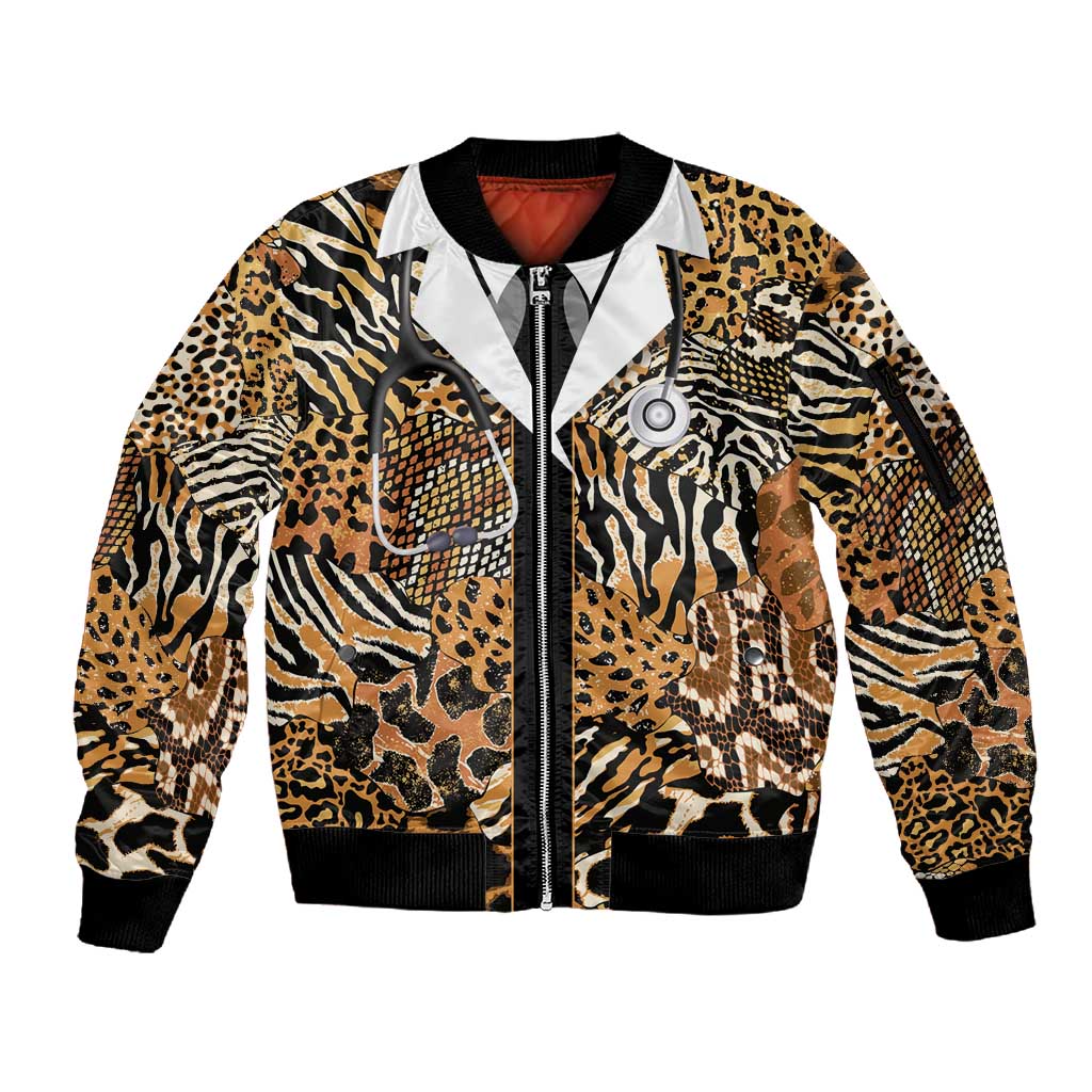 Proud Black Nurse RN Sleeve Zip Bomber Jacket African Stethoscope Animal Skins Pattern