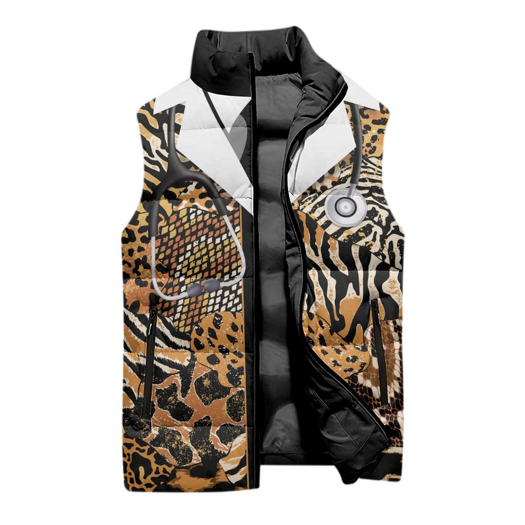 Proud Black Nurse RN Sleeveless Puffer Jacket African Stethoscope Animal Skins Pattern