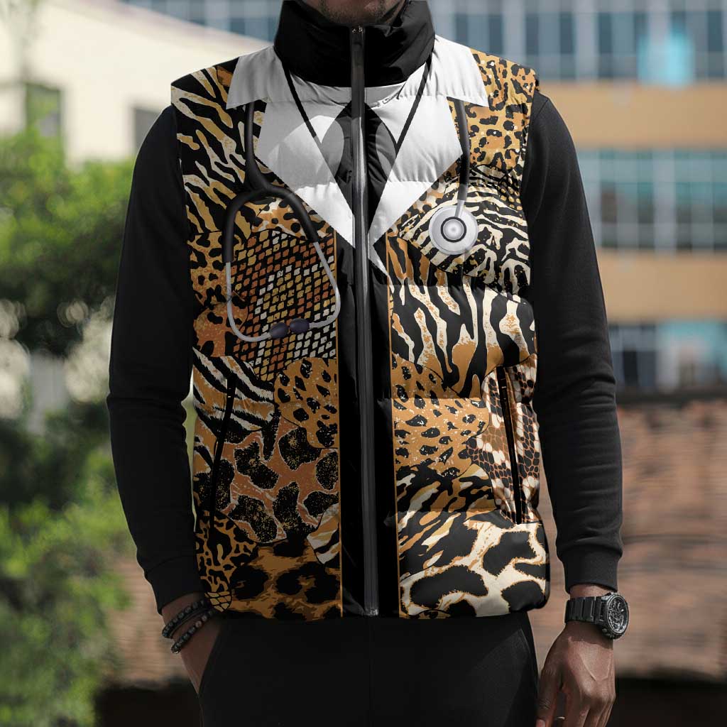 Proud Black Nurse RN Sleeveless Puffer Jacket African Stethoscope Animal Skins Pattern