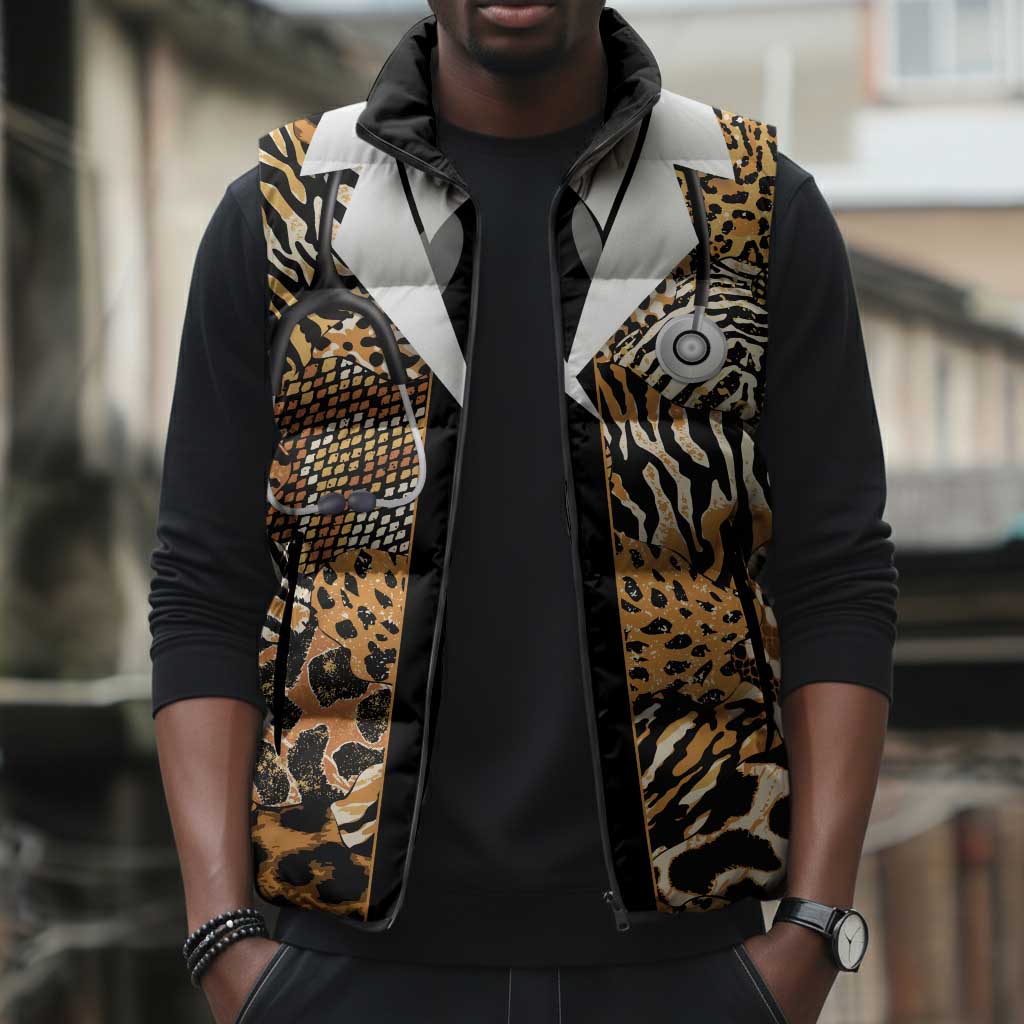 Proud Black Nurse RN Sleeveless Puffer Jacket African Stethoscope Animal Skins Pattern
