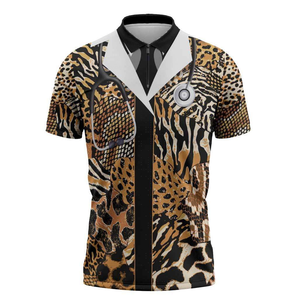 Proud Black Nurse RN Zipper Polo Shirt African Stethoscope Animal Skins Pattern