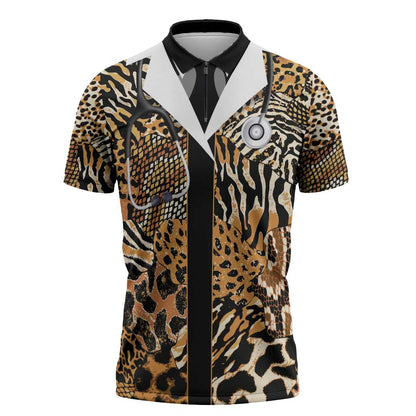 Proud Black Nurse RN Zipper Polo Shirt African Stethoscope Animal Skins Pattern