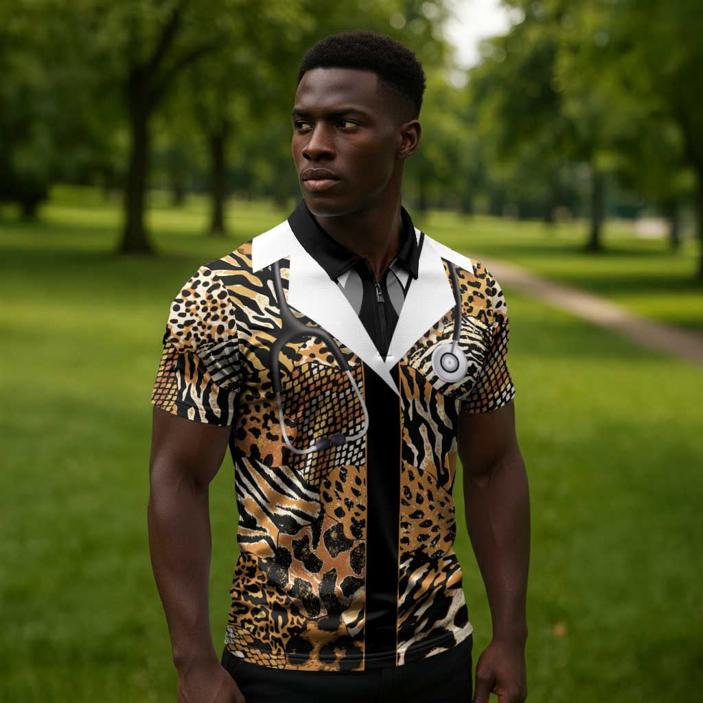 Proud Black Nurse RN Zipper Polo Shirt African Stethoscope Animal Skins Pattern