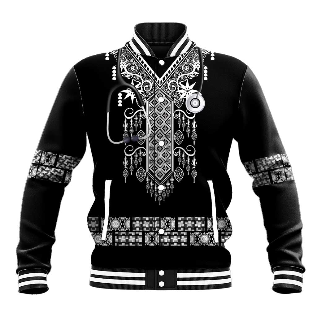 Proud Black Nurse RN Baseball Jacket Black African Pattern Stethoscope Dashiki Motif