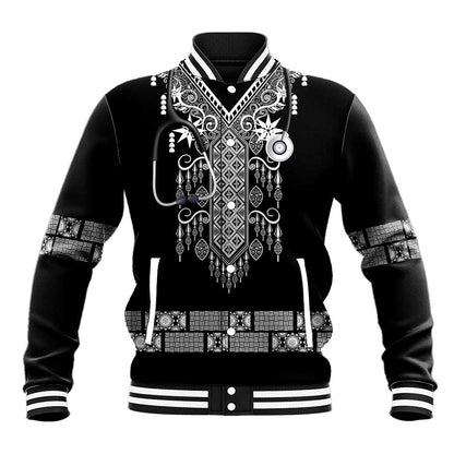 Proud Black Nurse RN Baseball Jacket Black African Pattern Stethoscope Dashiki Motif