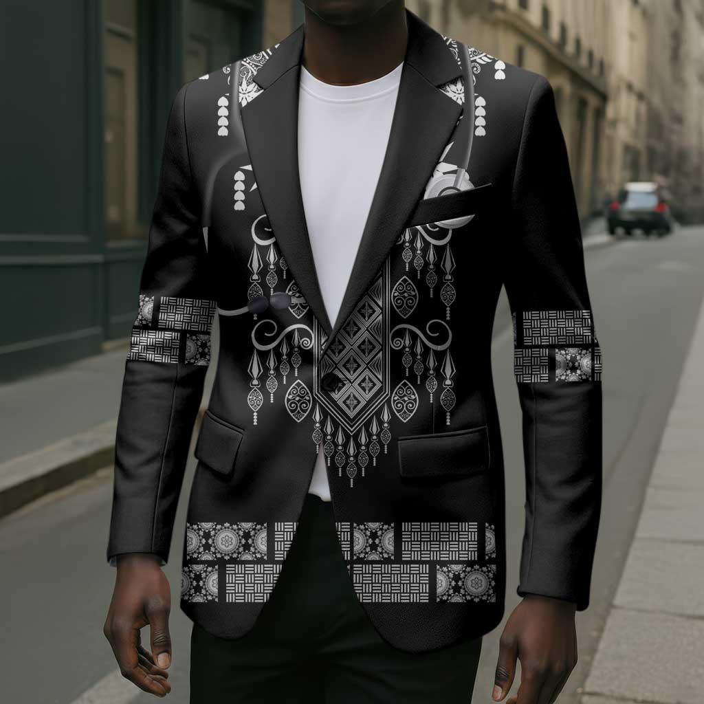 Proud Black Nurse RN Blazer Black African Pattern Stethoscope Dashiki Motif