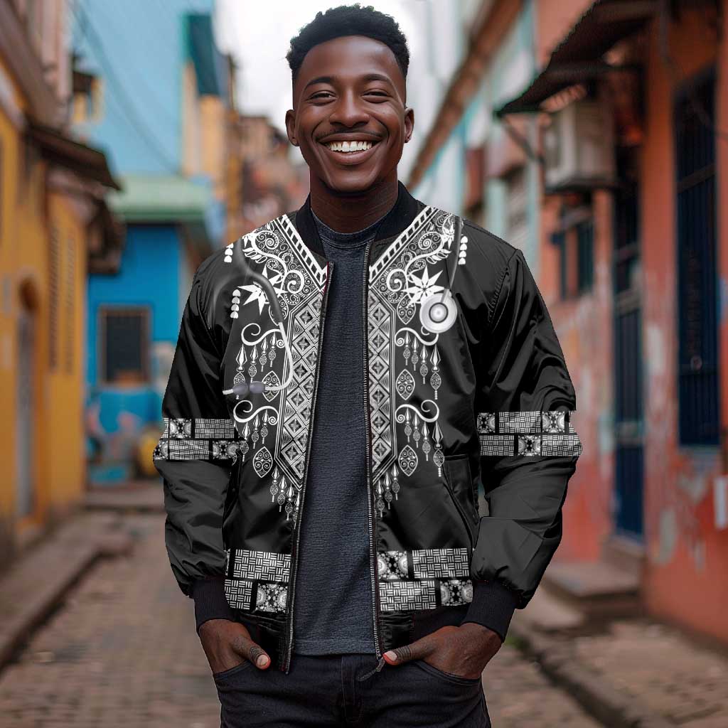Proud Black Nurse RN Bomber Jacket Black African Pattern Stethoscope Dashiki Motif