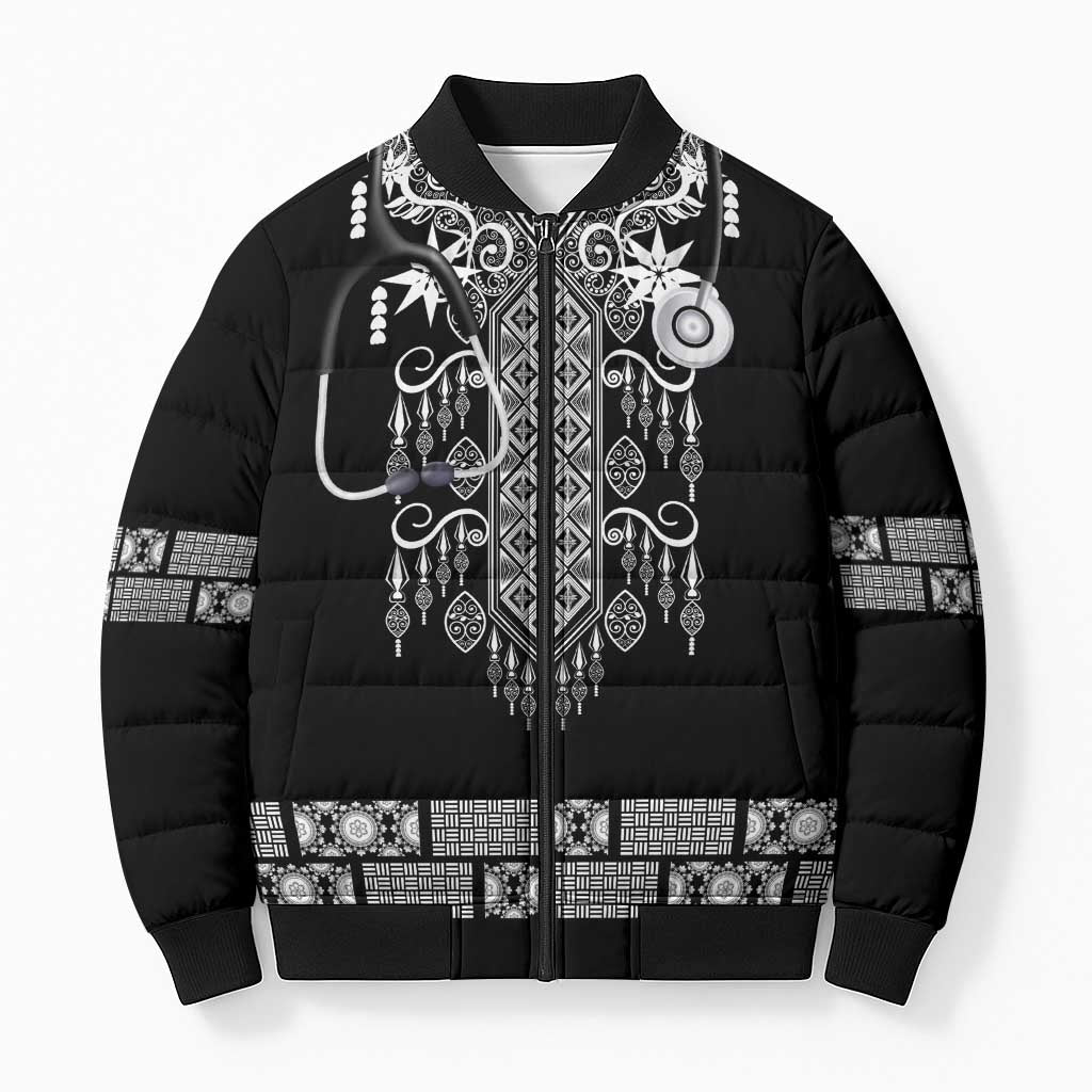 Proud Black Nurse RN Bomber Puffer Jacket Black African Pattern Stethoscope Dashiki Motif