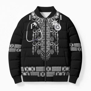Proud Black Nurse RN Bomber Puffer Jacket Black African Pattern Stethoscope Dashiki Motif