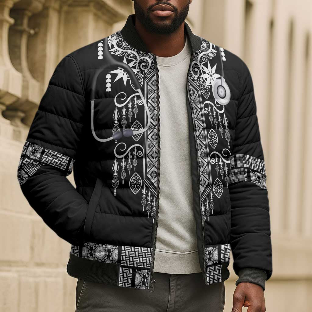 Proud Black Nurse RN Bomber Puffer Jacket Black African Pattern Stethoscope Dashiki Motif