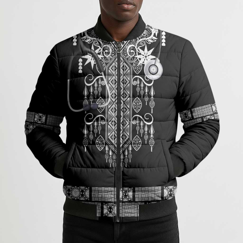 Proud Black Nurse RN Bomber Puffer Jacket Black African Pattern Stethoscope Dashiki Motif