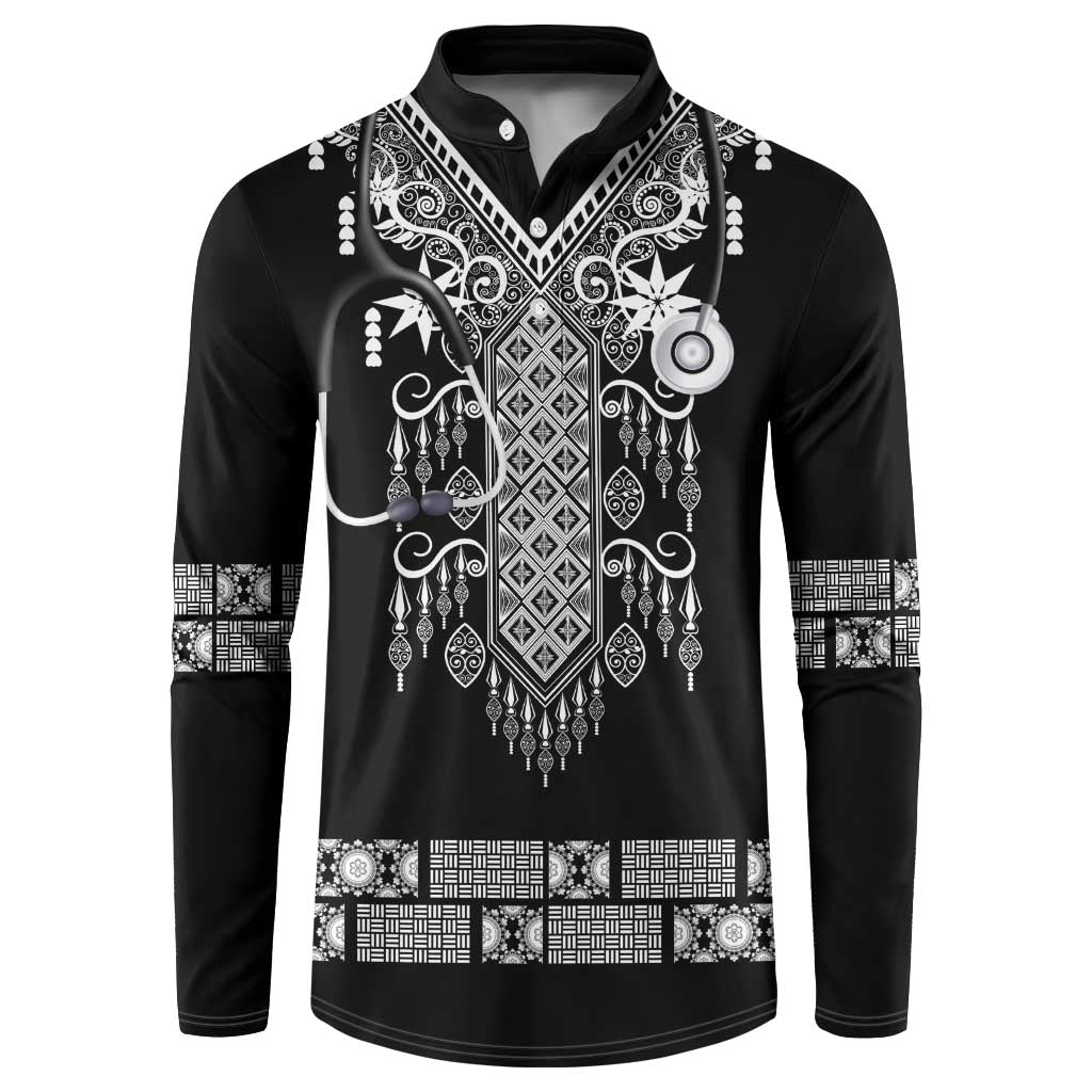 Proud Black Nurse RN Button Sweatshirt Black African Pattern Stethoscope Dashiki Motif