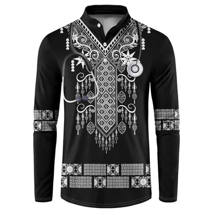 Proud Black Nurse RN Button Sweatshirt Black African Pattern Stethoscope Dashiki Motif