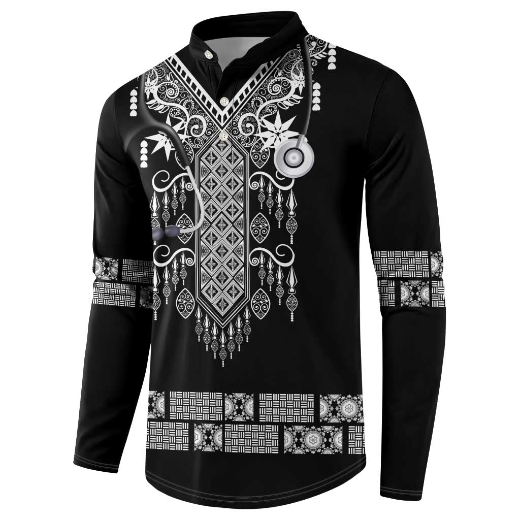 Proud Black Nurse RN Button Sweatshirt Black African Pattern Stethoscope Dashiki Motif