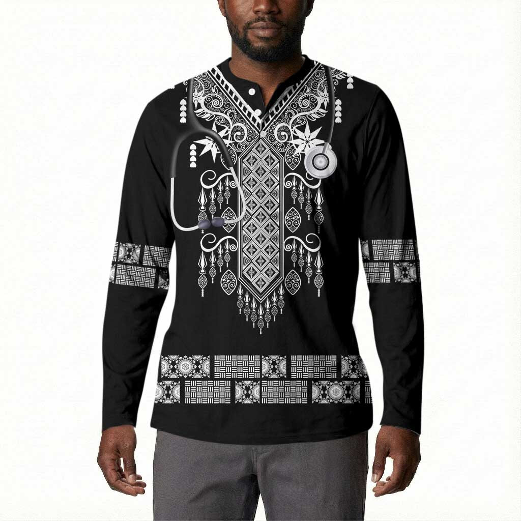Proud Black Nurse RN Button Sweatshirt Black African Pattern Stethoscope Dashiki Motif