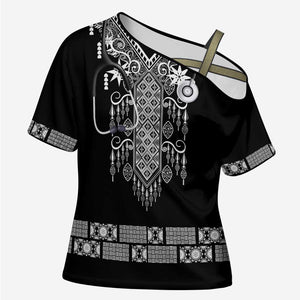 Proud Black Nurse RN Cross Shoulder Shirt Black African Pattern Stethoscope Dashiki Motif