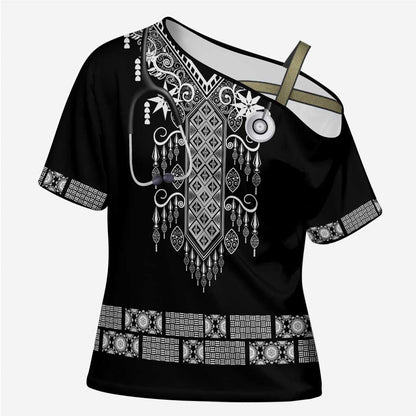 Proud Black Nurse RN Cross Shoulder Shirt Black African Pattern Stethoscope Dashiki Motif