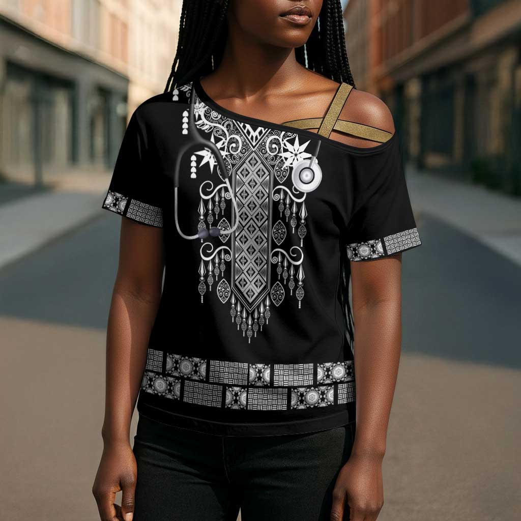 Proud Black Nurse RN Cross Shoulder Shirt Black African Pattern Stethoscope Dashiki Motif