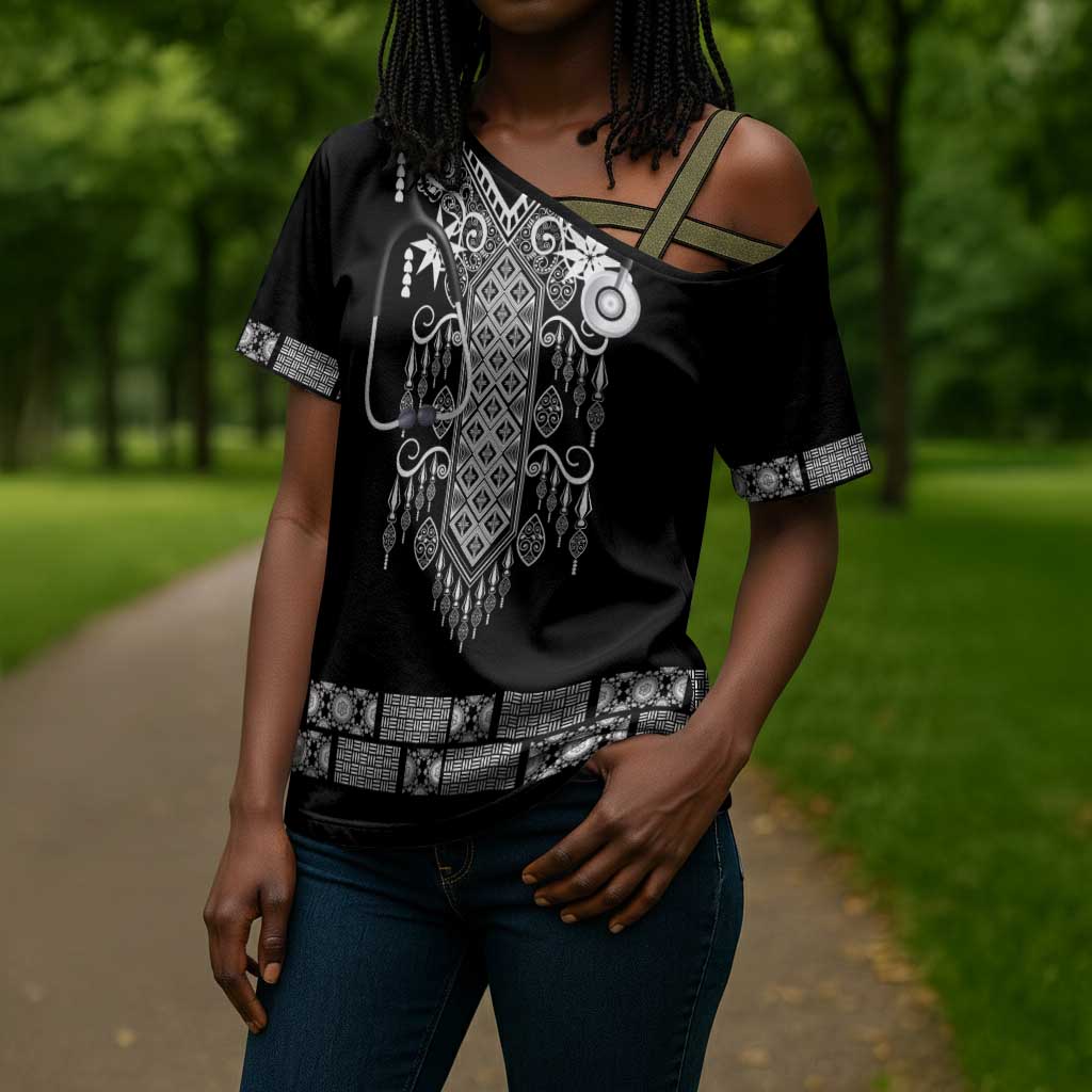 Proud Black Nurse RN Cross Shoulder Shirt Black African Pattern Stethoscope Dashiki Motif