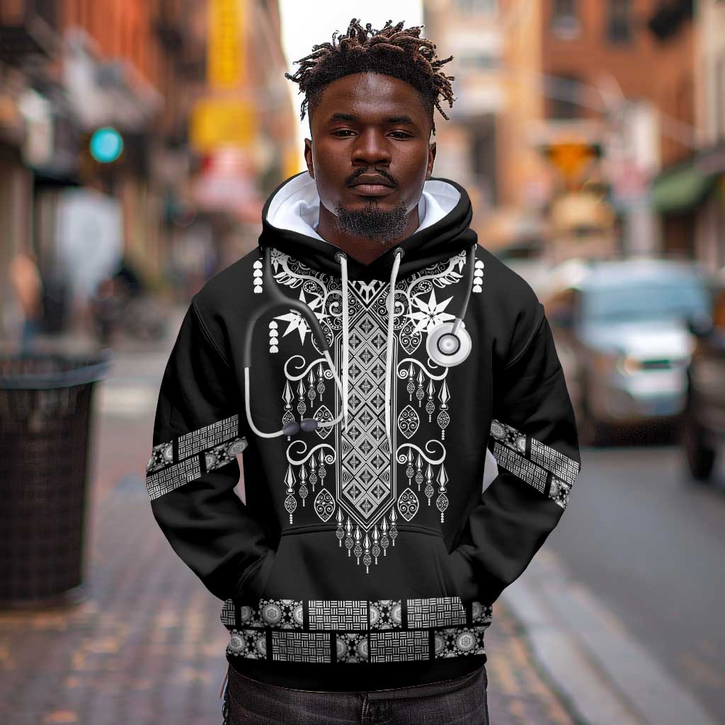 Proud Black Nurse RN Hoodie Black African Pattern Stethoscope Dashiki Motif