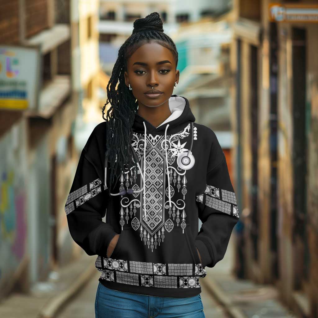 Proud Black Nurse RN Hoodie Black African Pattern Stethoscope Dashiki Motif