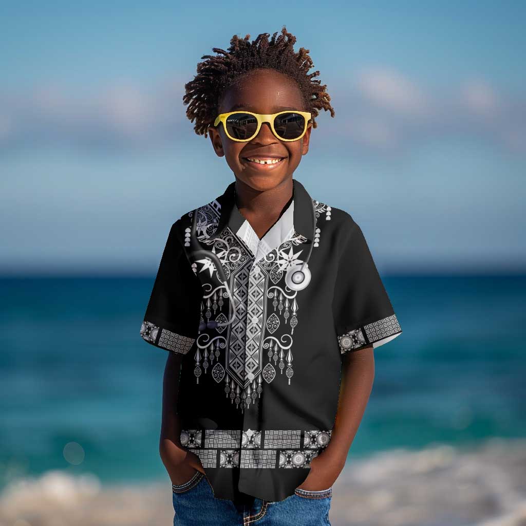 Proud Black Nurse RN Kid Hawaiian Shirt Black African Pattern Stethoscope Dashiki Motif