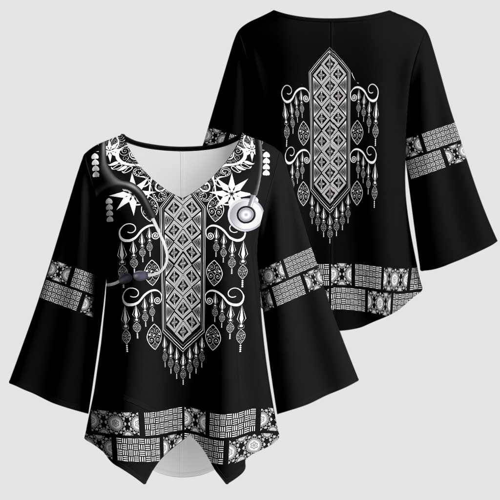 Proud Black Nurse RN Kimono Sleeve Blouse Black African Pattern Stethoscope Dashiki Motif
