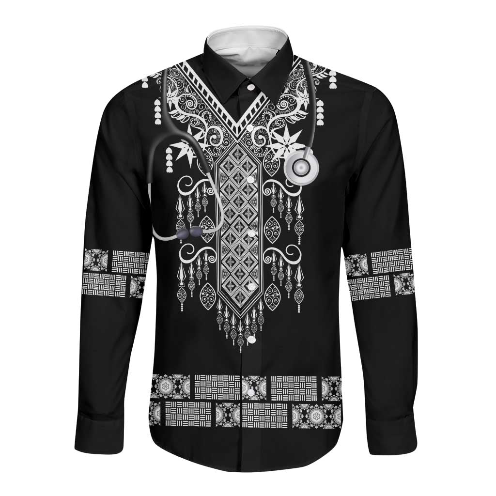 Proud Black Nurse RN Long Sleeve Button Shirt Black African Pattern Stethoscope Dashiki Motif