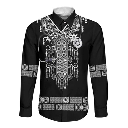 Proud Black Nurse RN Long Sleeve Button Shirt Black African Pattern Stethoscope Dashiki Motif