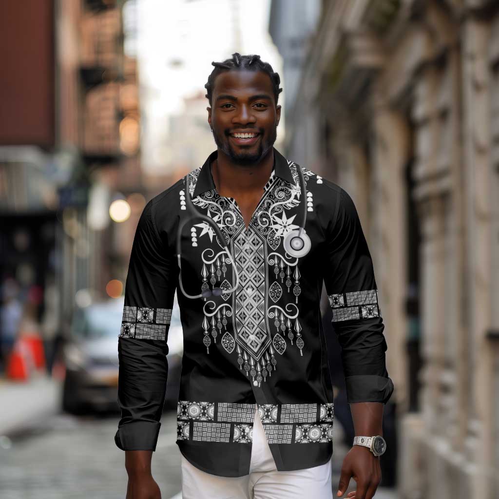 Proud Black Nurse RN Long Sleeve Button Shirt Black African Pattern Stethoscope Dashiki Motif