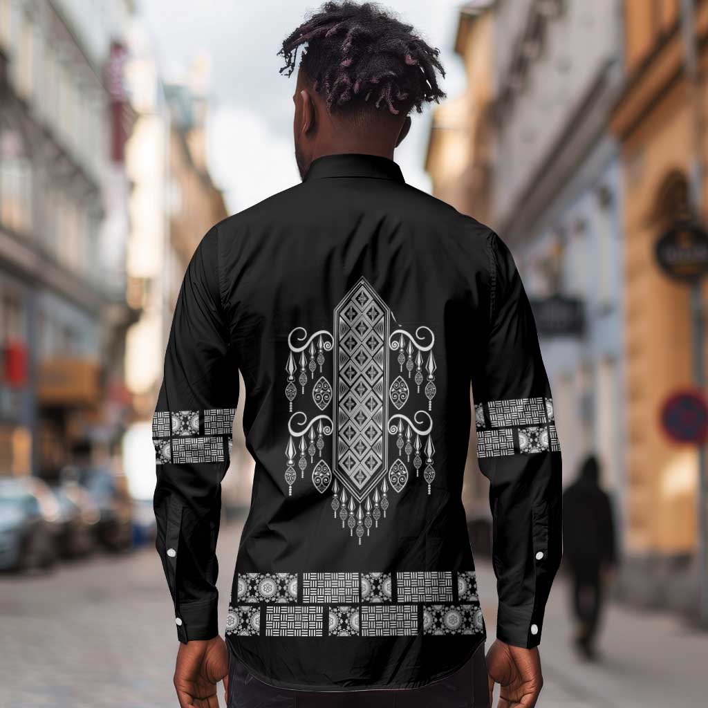 Proud Black Nurse RN Long Sleeve Button Shirt Black African Pattern Stethoscope Dashiki Motif