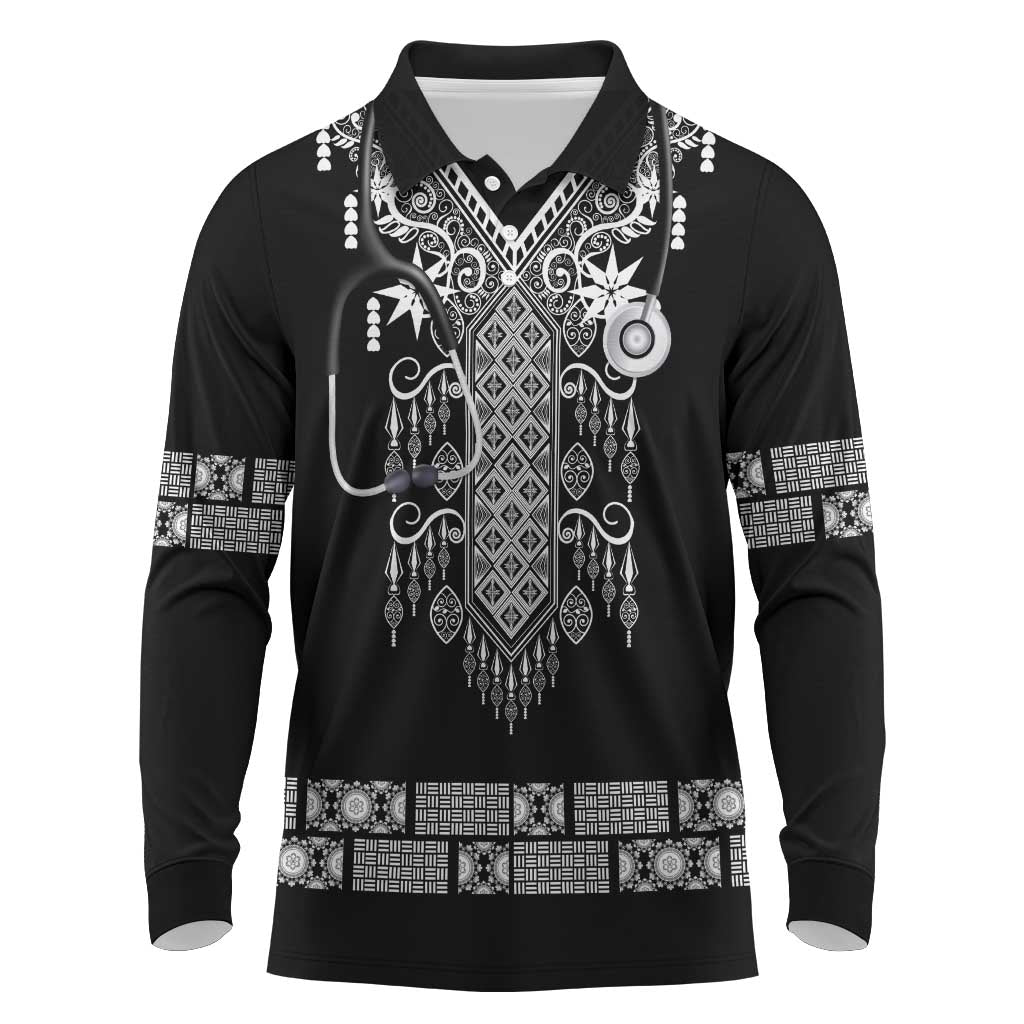 Proud Black Nurse RN Long Sleeve Polo Shirt Black African Pattern Stethoscope Dashiki Motif