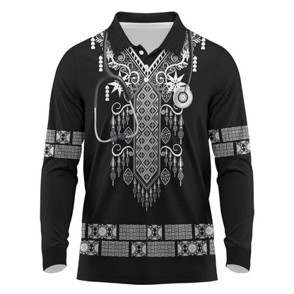 Proud Black Nurse RN Long Sleeve Polo Shirt Black African Pattern Stethoscope Dashiki Motif