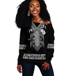 Proud Black Nurse RN Off Shoulder Sweater Black African Pattern Stethoscope Dashiki Motif