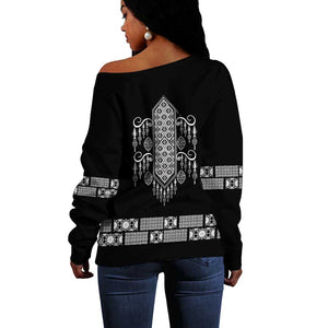 Proud Black Nurse RN Off Shoulder Sweater Black African Pattern Stethoscope Dashiki Motif