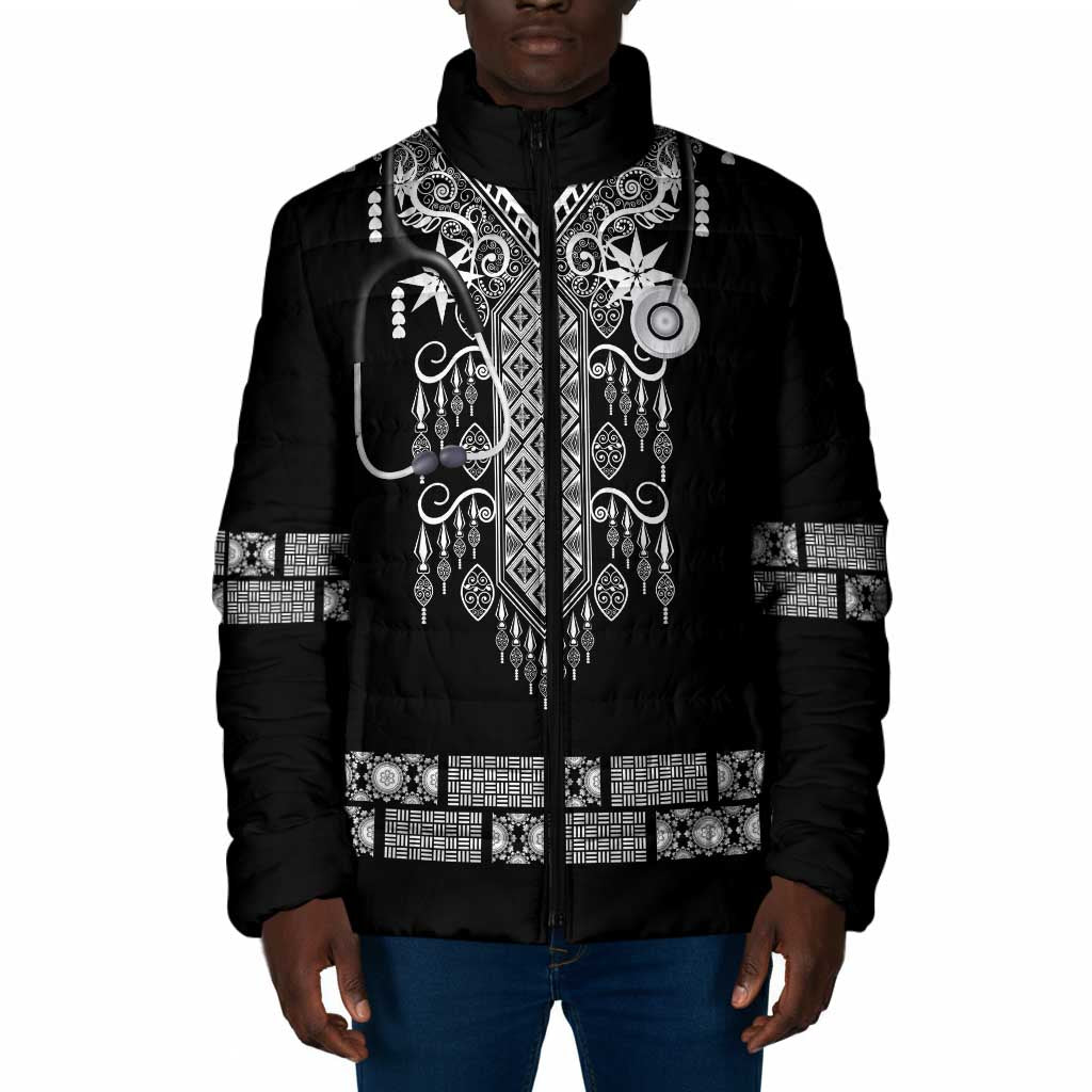 Proud Black Nurse RN Padded Jacket Black African Pattern Stethoscope Dashiki Motif