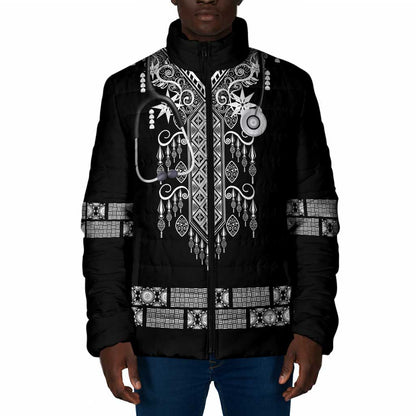 Proud Black Nurse RN Padded Jacket Black African Pattern Stethoscope Dashiki Motif
