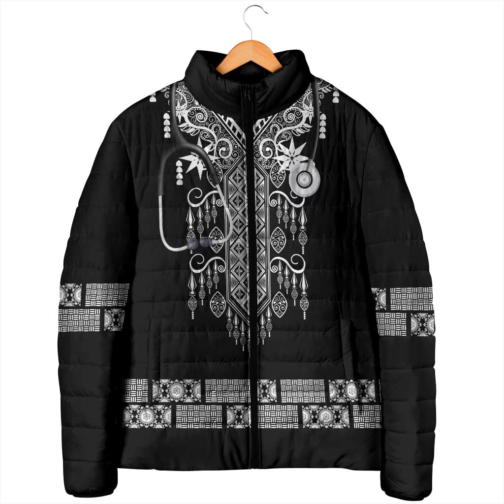 Proud Black Nurse RN Padded Jacket Black African Pattern Stethoscope Dashiki Motif