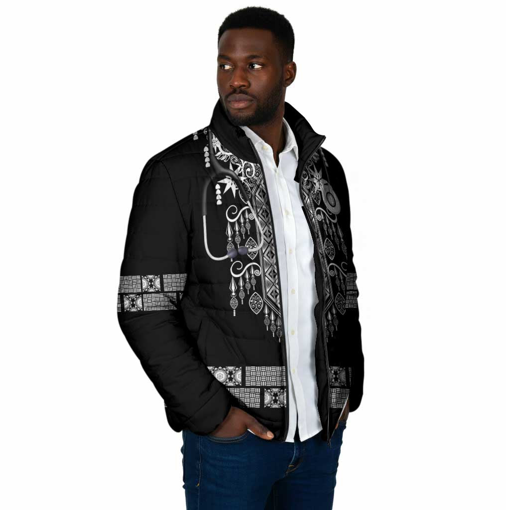 Proud Black Nurse RN Padded Jacket Black African Pattern Stethoscope Dashiki Motif