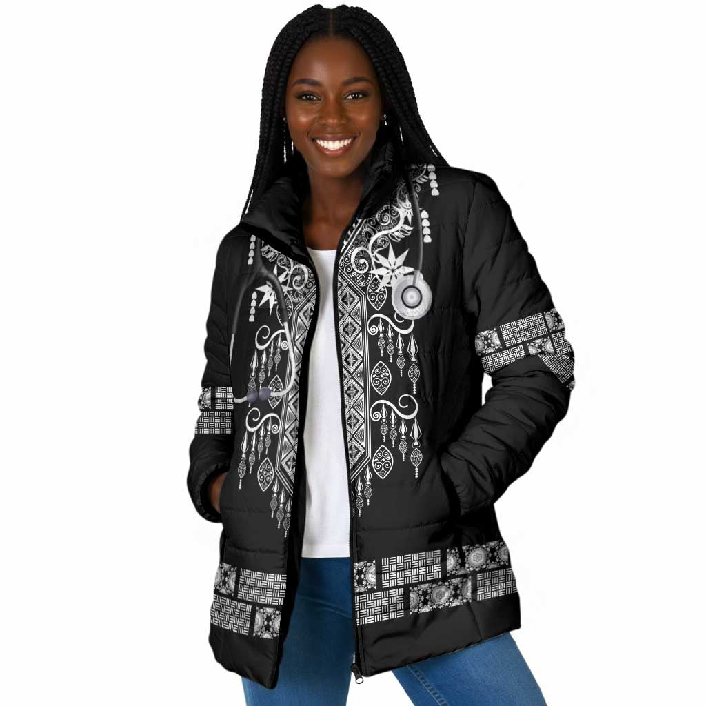 Proud Black Nurse RN Padded Jacket Black African Pattern Stethoscope Dashiki Motif