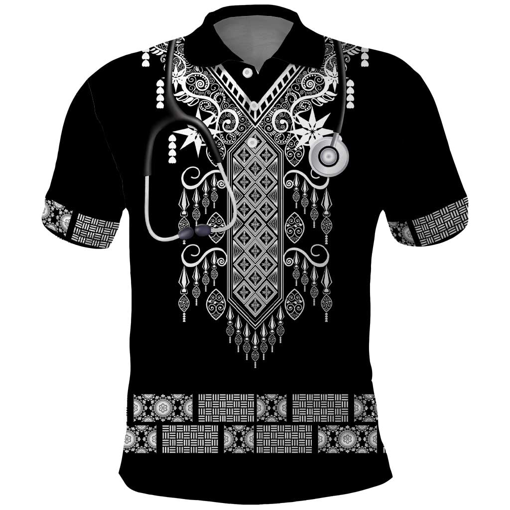 Proud Black Nurse RN Polo Shirt Black African Pattern Stethoscope Dashiki Motif