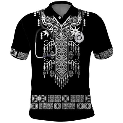 Proud Black Nurse RN Polo Shirt Black African Pattern Stethoscope Dashiki Motif